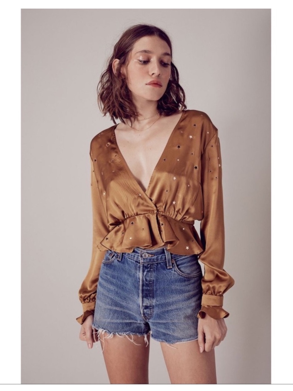 For Love & Lemons | Twinkle Long Sleeve Blouse in Gold Small